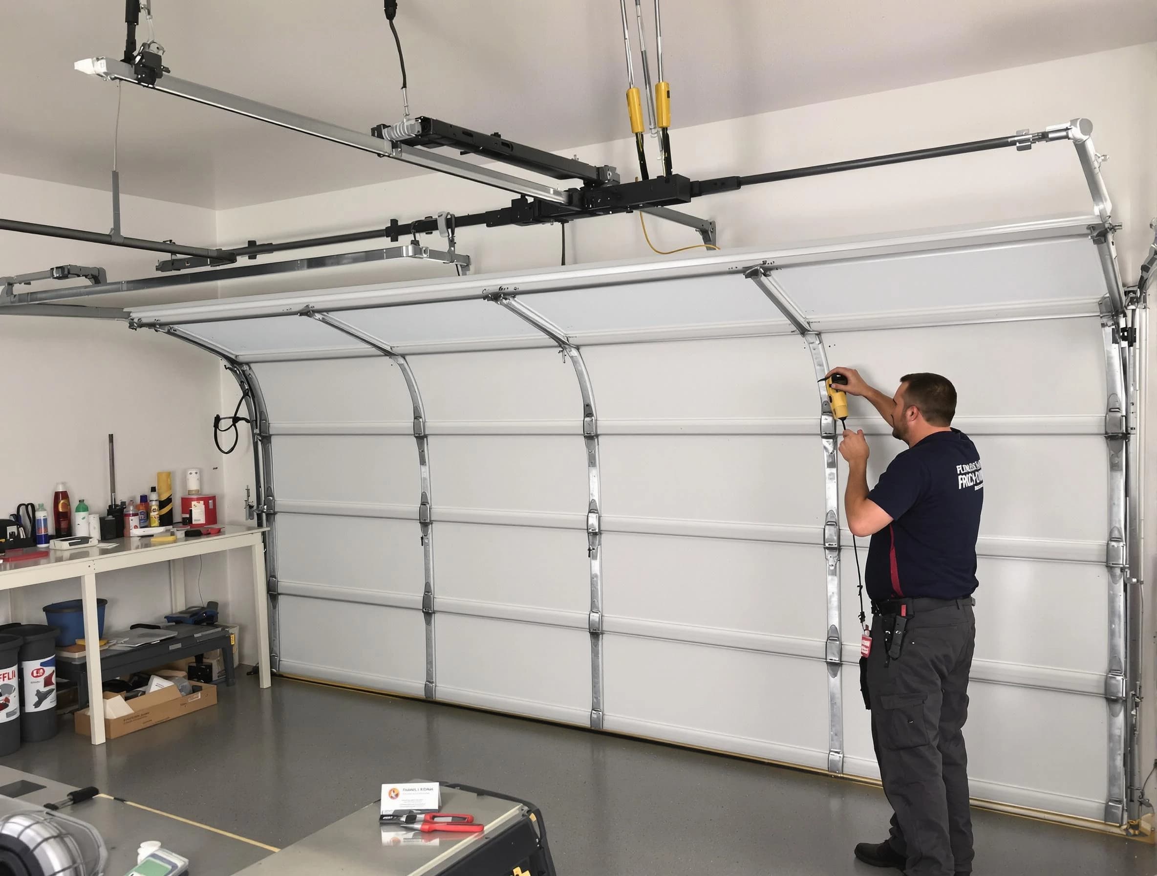 Wyndham Garage Door Repair certified technician performing overhead door system repair in Wyndham