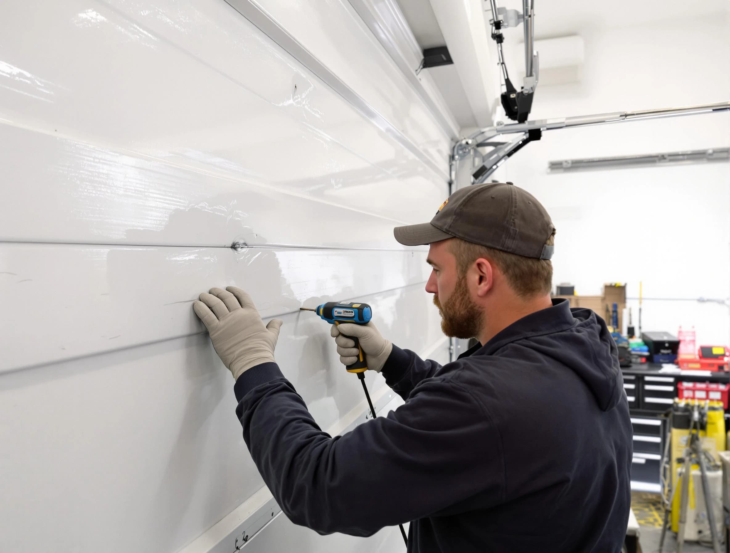 Wyndham Garage Door Repair technician demonstrating precision dent removal techniques on a Wyndham garage door