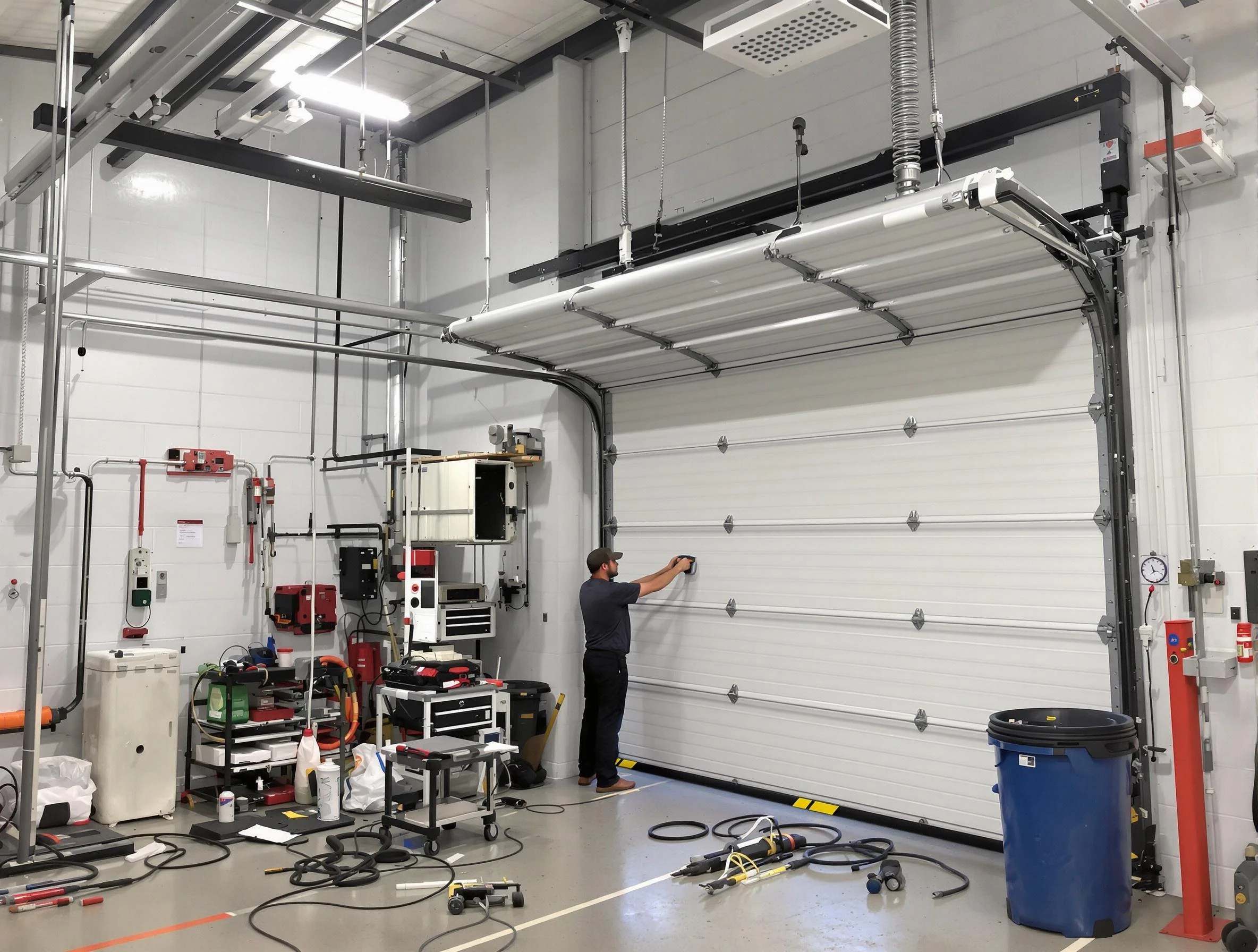 Wyndham Garage Door Repair certified technician performing commercial door repair at a Wyndham business facility