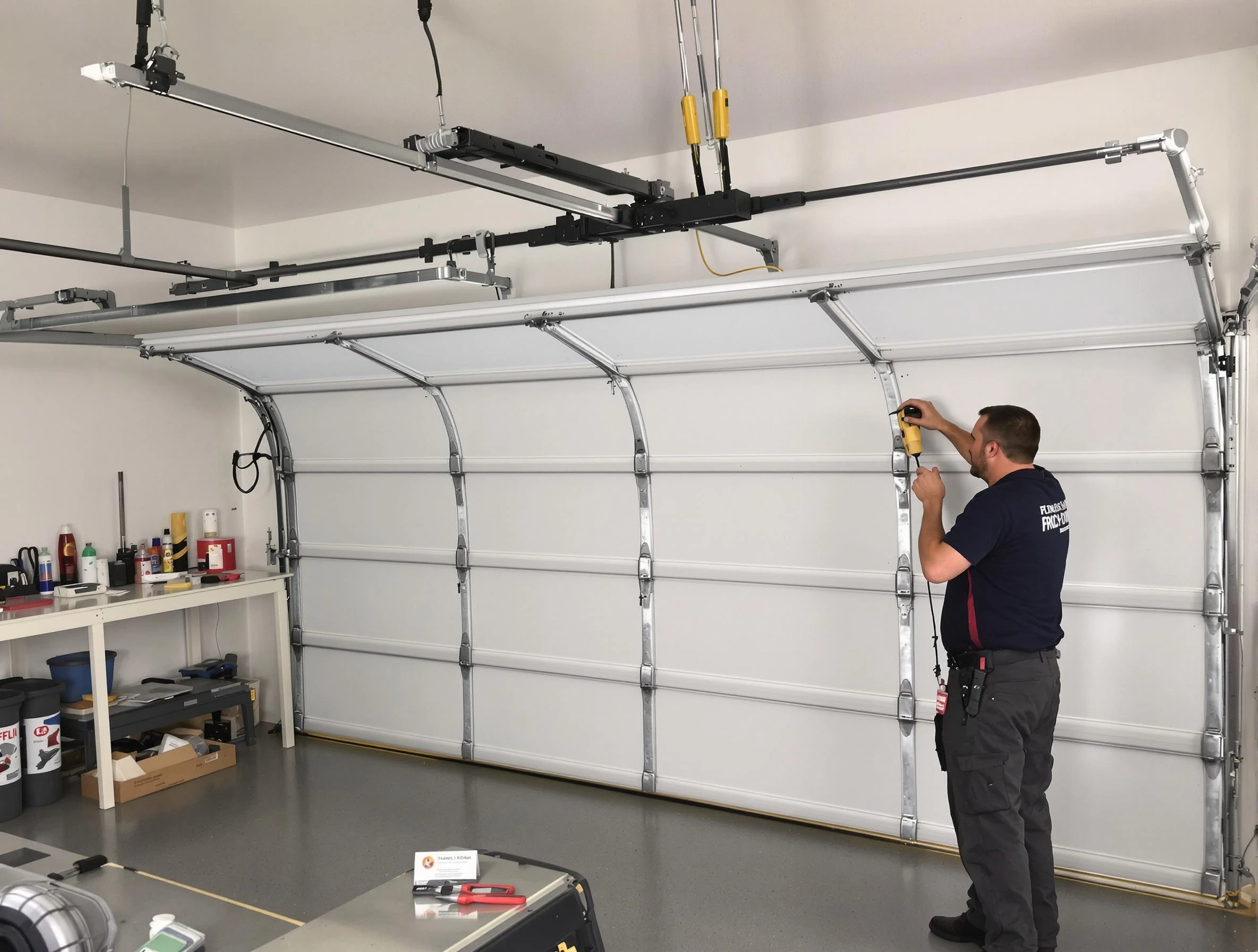 Wyndham Garage Door Repair certified technician performing overhead door system repair in Wyndham